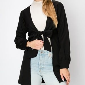Long Black Open Front Tie Cardigan Blazer Shirt Over Coat New